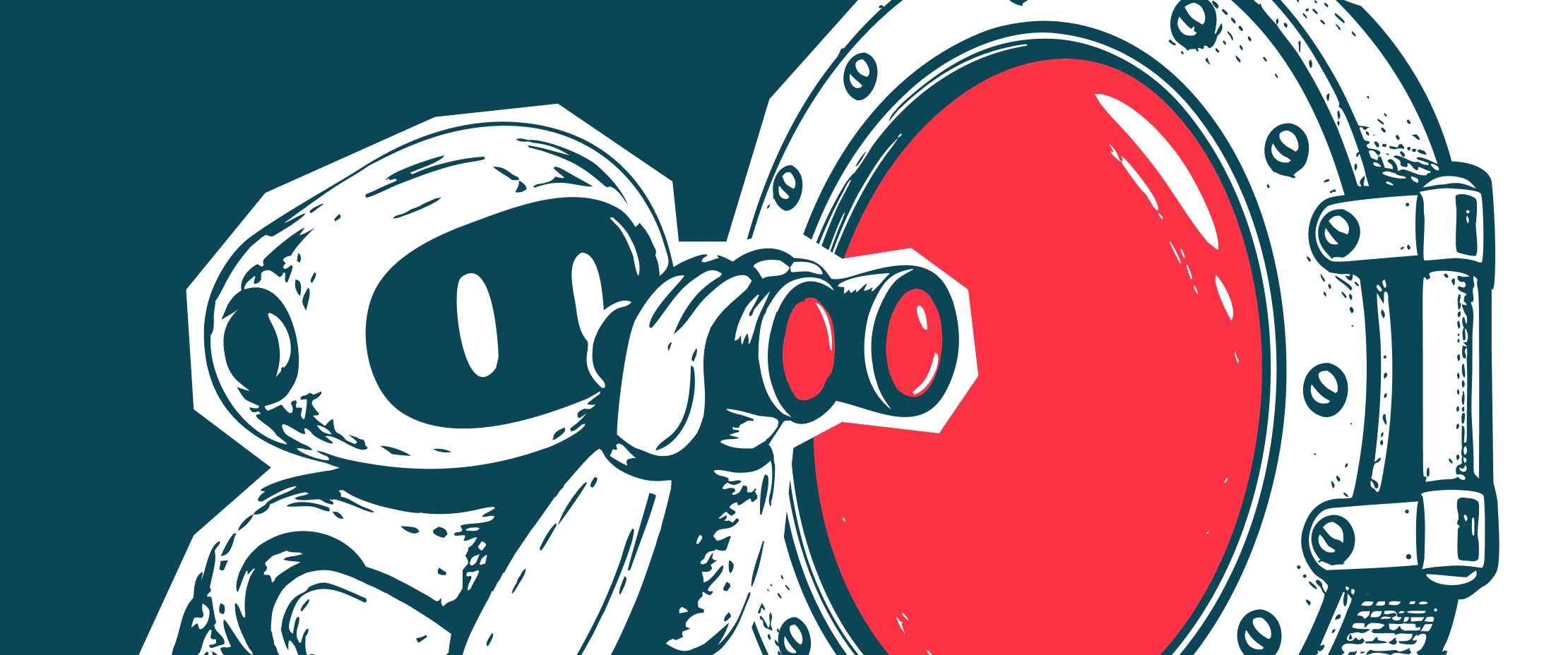 A robot with binoculars looking through a porthole
