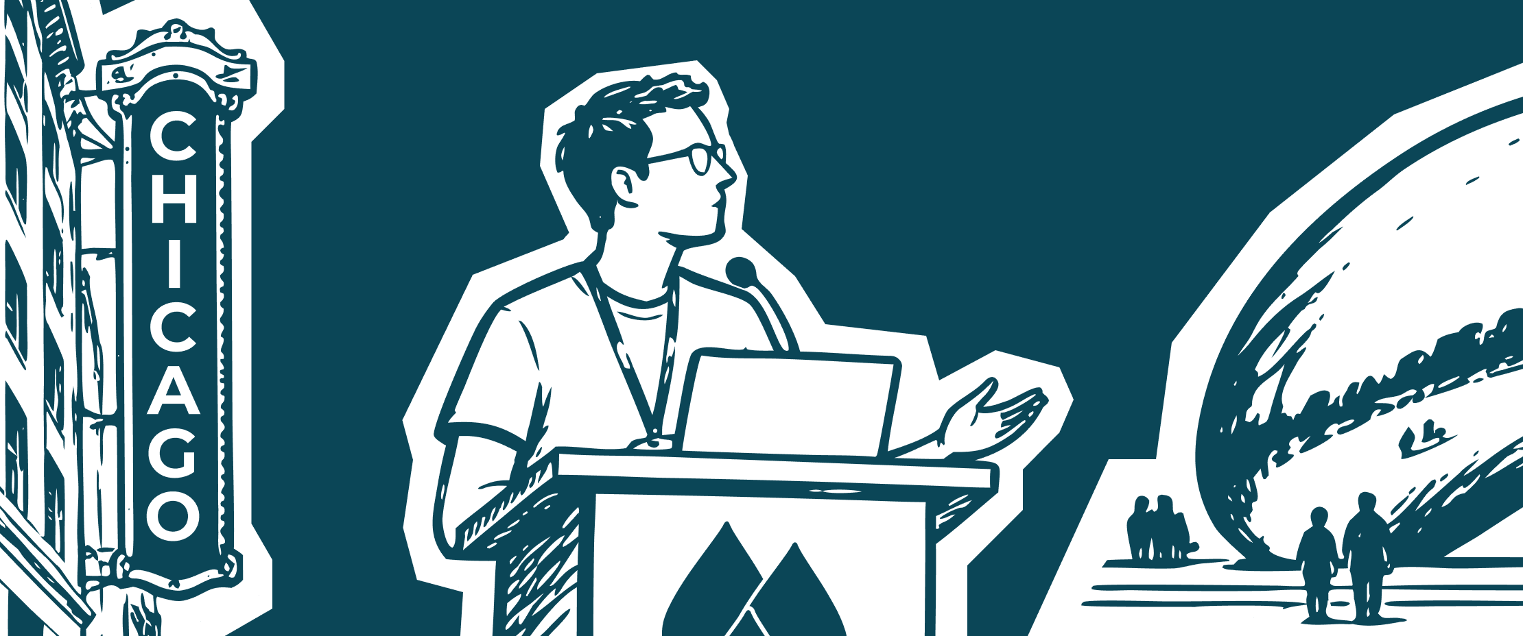 Illustration of a speaker at a podium with the Chicago Theatre sign and the Cloud Gate sculpture in the background